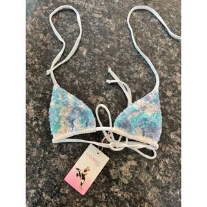 Oceanus Skye Bikini Top Sequin Triangle Swim Multi Blue White Teal Small NEW